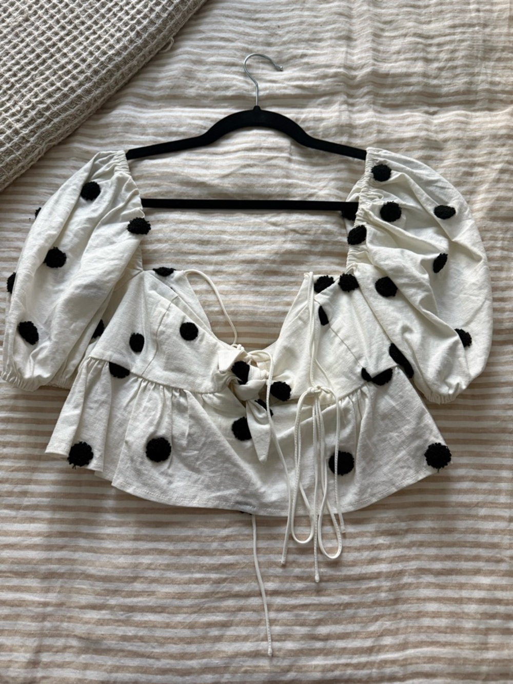 For Love & Lemons White Puff-Sleeve Polka Dot Tie-Front Top